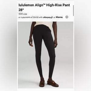 Lululemon Align High Rise Pant 28’ Black size 0